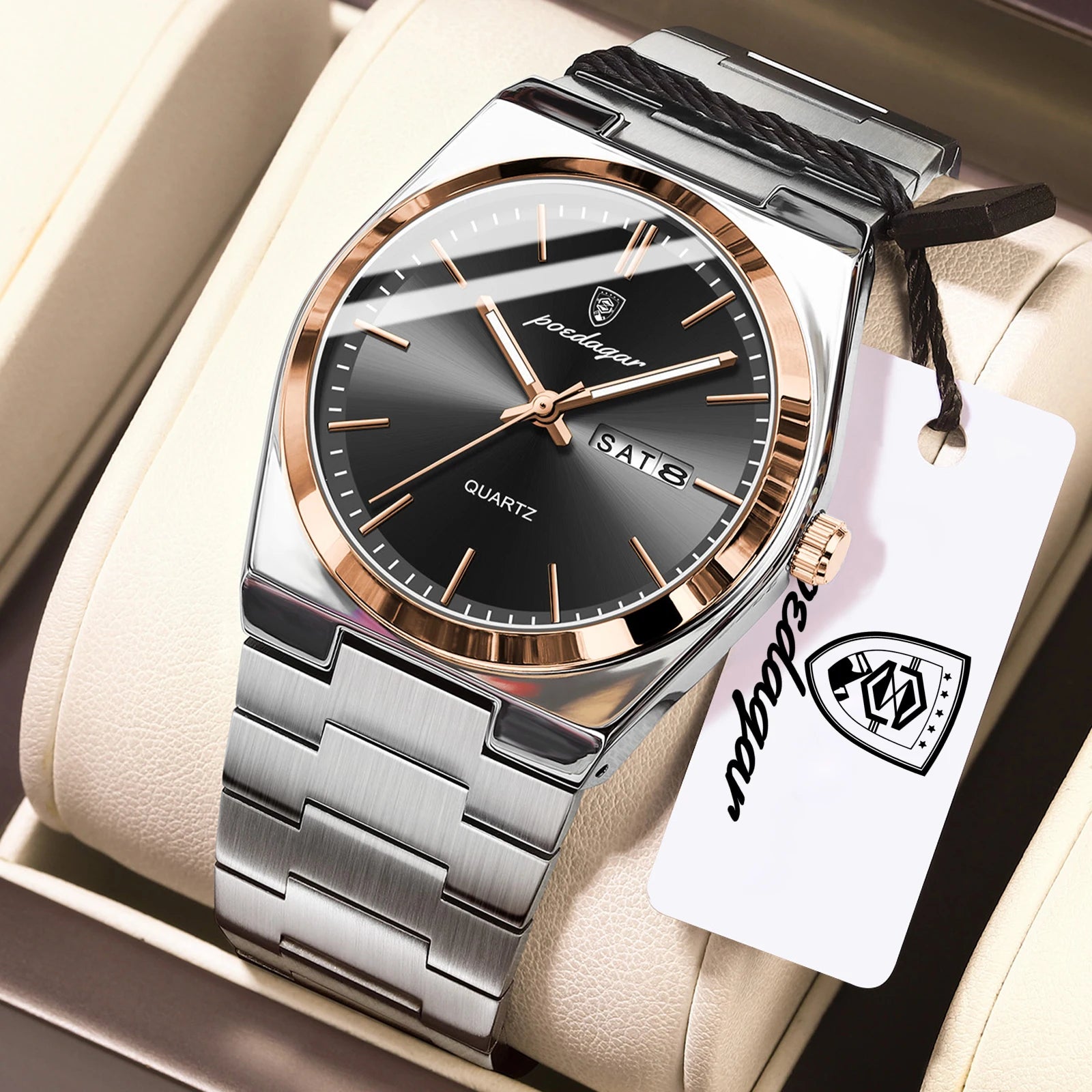 POEDAGAR Business Men Wristwatch Waterproof Stainless Steel Luminous Man Watch Date Week Fashion Quartz Men's Watches Male Reloj