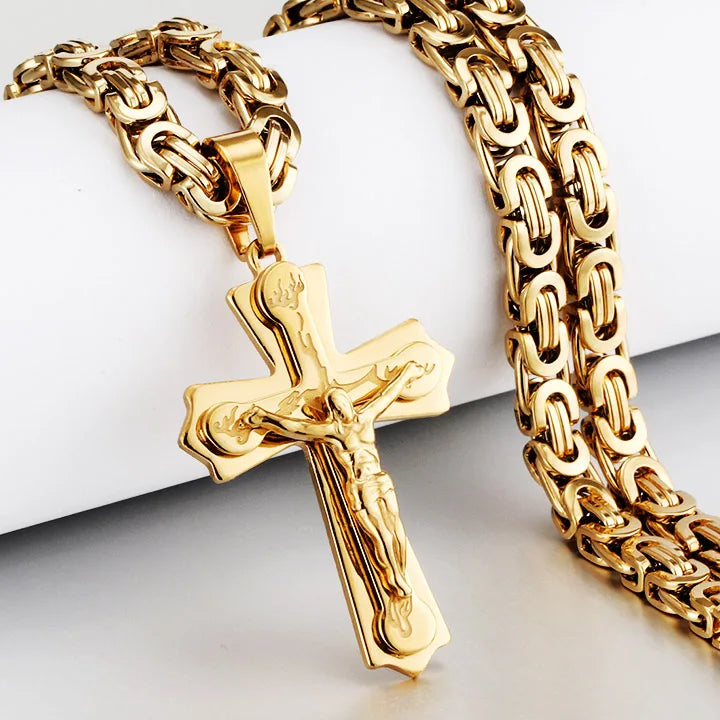 Men's Heavy Crucifix Cross Pendant Necklace – Stainless Steel Byzantine Chain