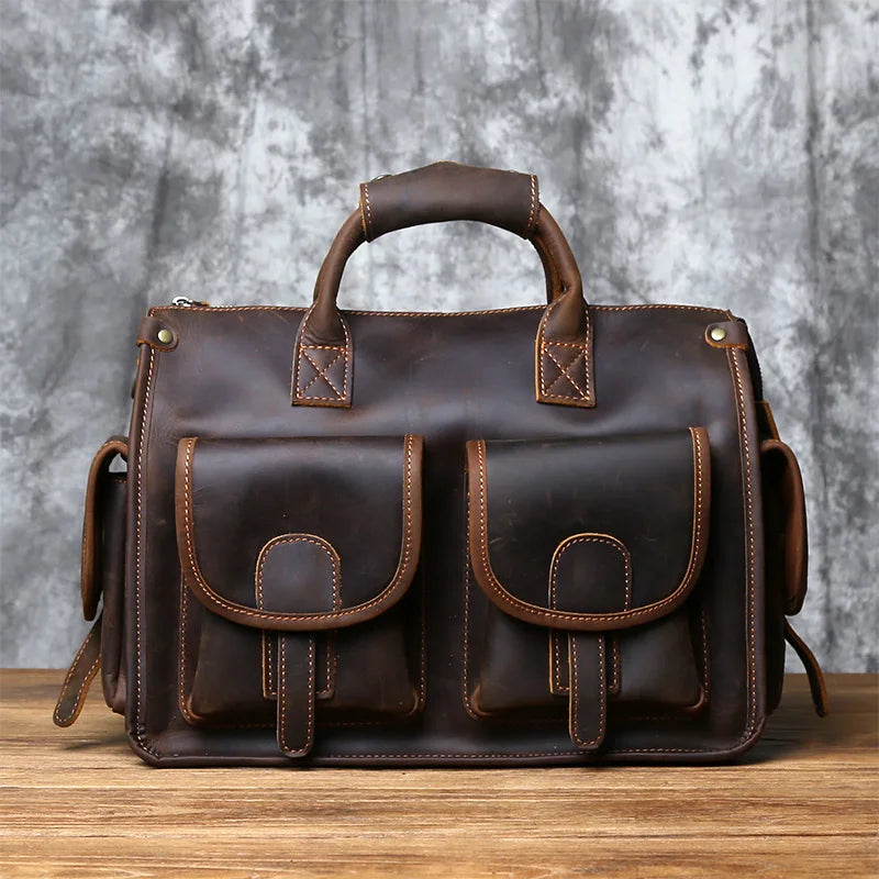 Men's Crazy Horse Leather Briefcase – Vintage Cowhide Satchel, 14" Laptop, Shoulder & Crossbody