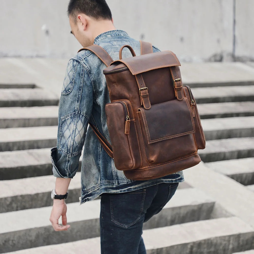 Retro Large Capacity Crazy  Leather Backpack Men's Top Layer Cowhide Outdoor Travel Bag Comfortable Shoulder Straps