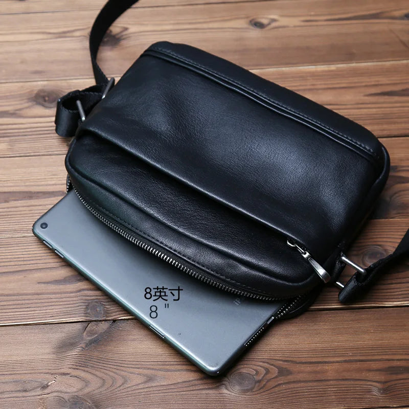 Men's Genuine Leather Mini Shoulder Bag – Compact Cowhide Messenger, 8" iPad, Horizontal