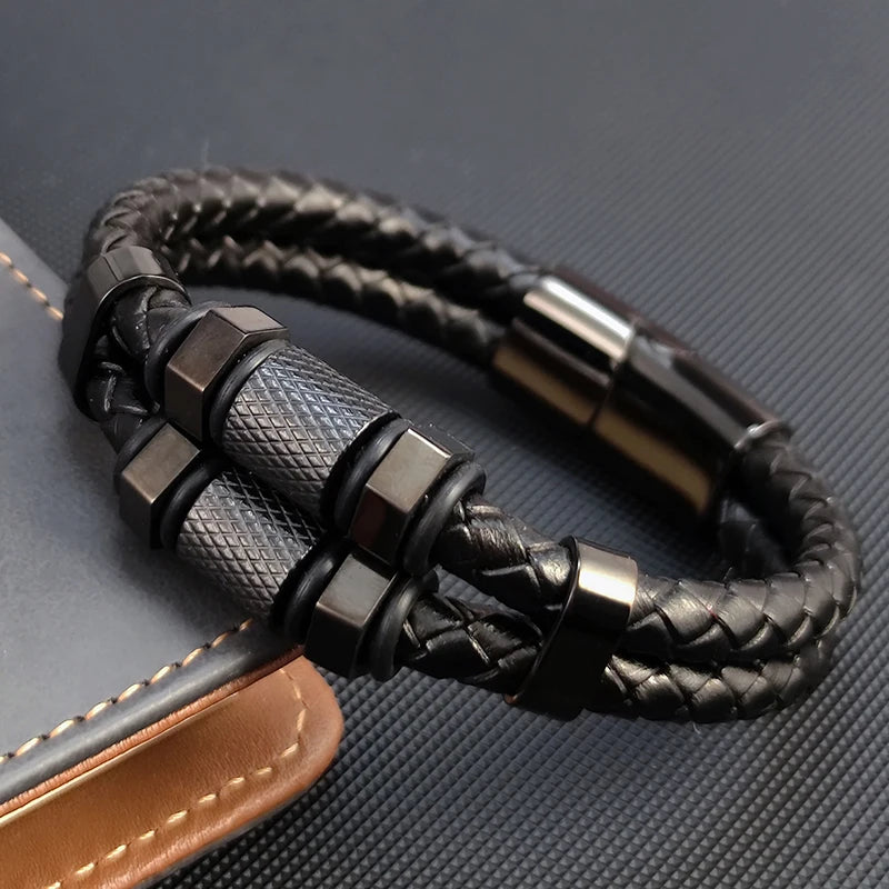 Fashion Luxury Stainless Steel Beaded Hexagon Bracelet Men's Jewelry Classic Multilayer Braided Leather Bracelet Homme Men Gift