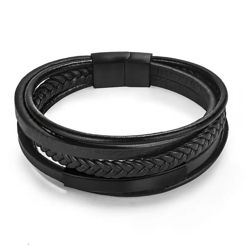 Men's Viking Multilayer Leather Bracelet – Stainless Steel Insert, Punk Bangle