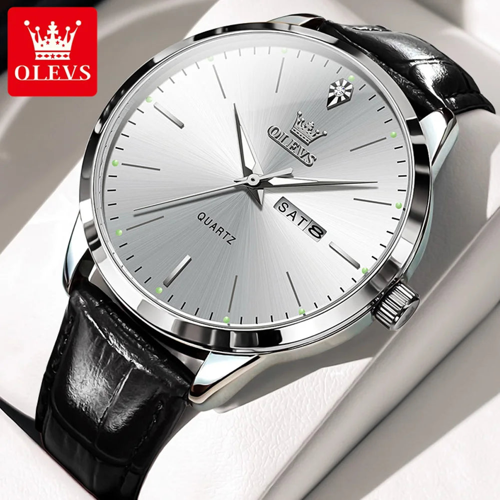 OLEVS Top Original Quartz Watches for Men Simplicity Dual Calendar Large Dial Leather Strap Waterproof Luminous Men's Wristwatch