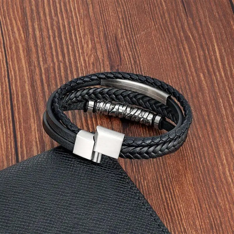 Multilayer Stainless Steel Insert Bracelet Viking Leather Bracelets for Men Punk Jewelry Homme Accessories custom logo