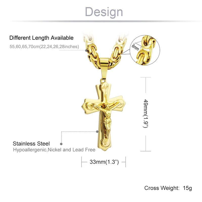 Diyalo Religious Jesus Cross Necklace Men Stainless Steel Crucifix Pendant with Byzantine Chain Necklaces Male Necklace Jewelry