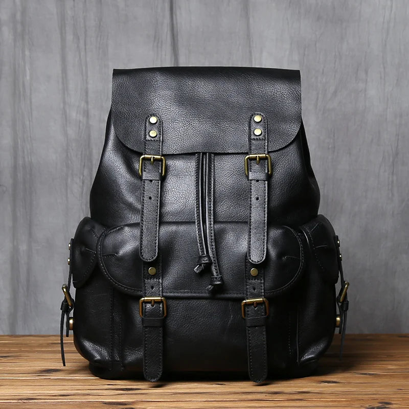 Men's Genuine Leather Backpack – Natural Cowhide, Rivet Detail, Drawstring Closure, Laptop
