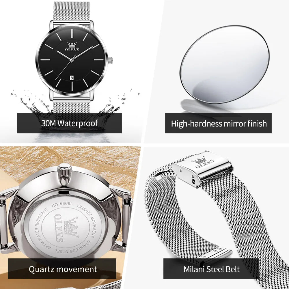 OLEVS Brand 5869 Ultra Thin 6.5mm Minimalist Fashion Quartz Watch for Men Mesh Steel Strap Auto Date Waterproof Men Wristwatches