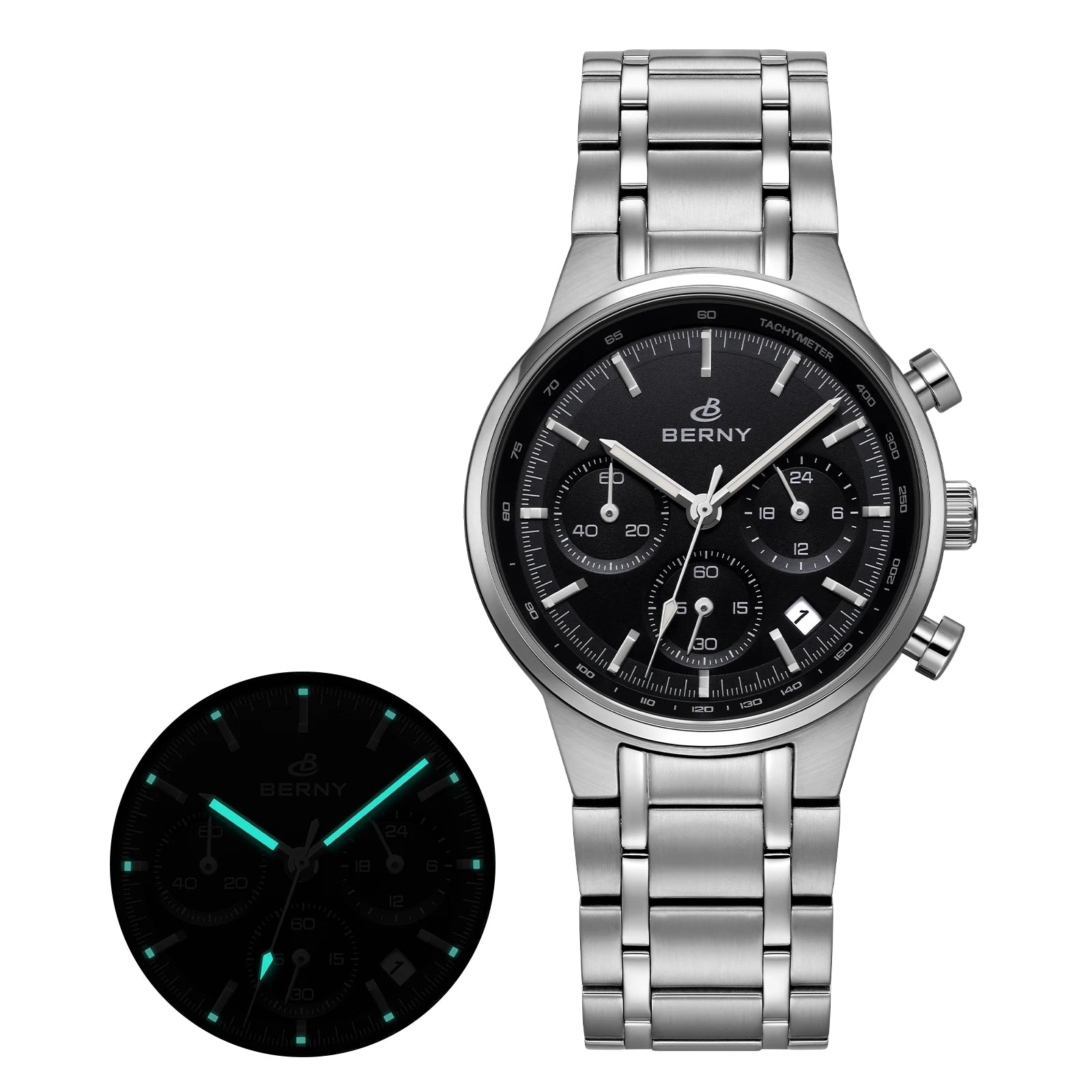 BERNY 2825M Quartz Chronograph Watch – Panda Dial, Sapphire-Coated Crystal, 38mm Stainless Steel