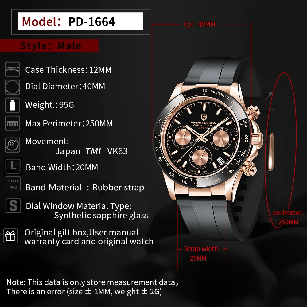 Pagani Design PD1664 Quartz Chronograph Watch – Sapphire Crystal, Rubber Strap, 100m Water Resistant