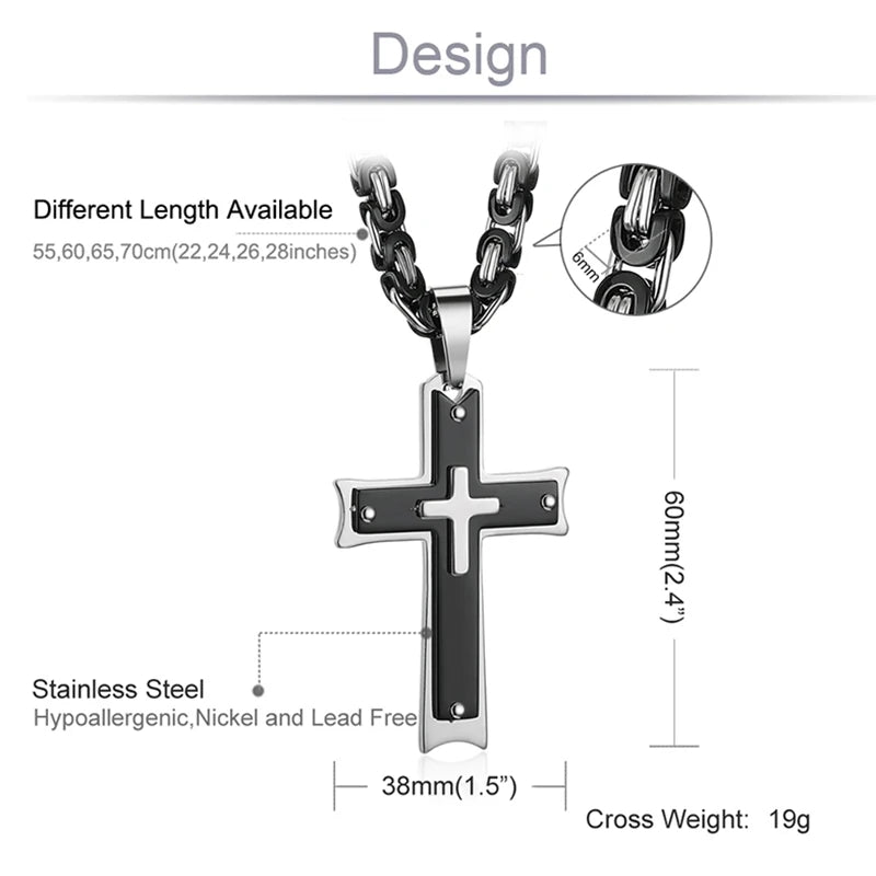Cool Men's Black silvery Cross Pendant Long Byzantine Chain Necklace Christian Crucifix Necklace Religious Jewelry