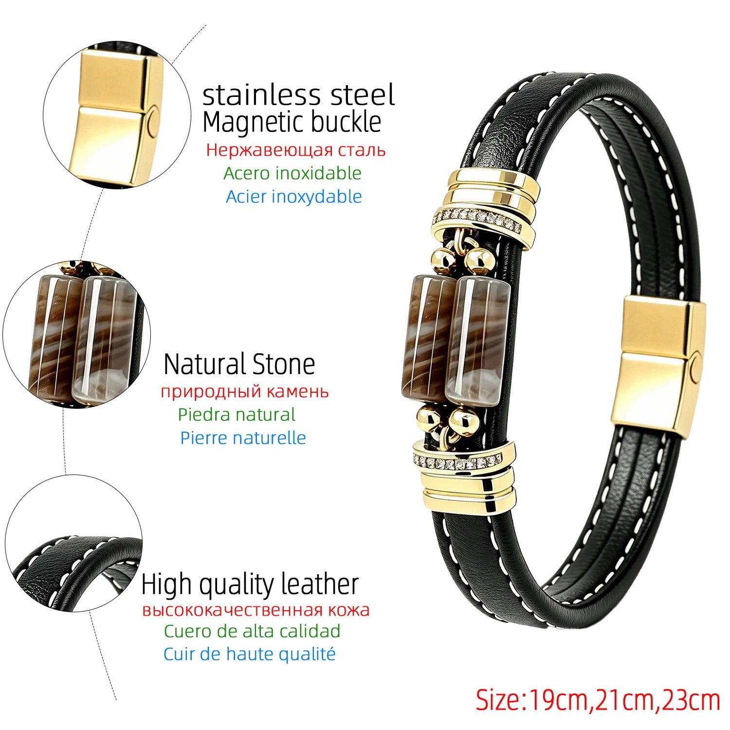 Luxury Tiger's Eye Bracelet for Men, Multilayer Black Leather Wristband with Paved CZ Magnetic Buckle, Business Casual Jewelry