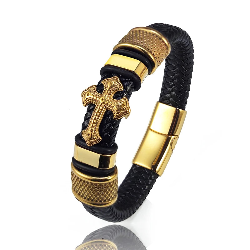 MingAo 2025 Fashion Vacuum Plating Gold Single Layer Cross Leather Bracelet  Charm Bracelet Men's Hand Jewelry for Women