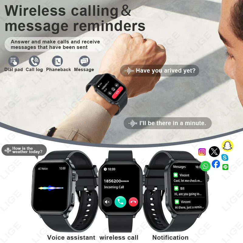 LIGE Smart Watch – 2.01" Display, IP68, Flashlight, 123 Sport Modes, Bluetooth Calling
