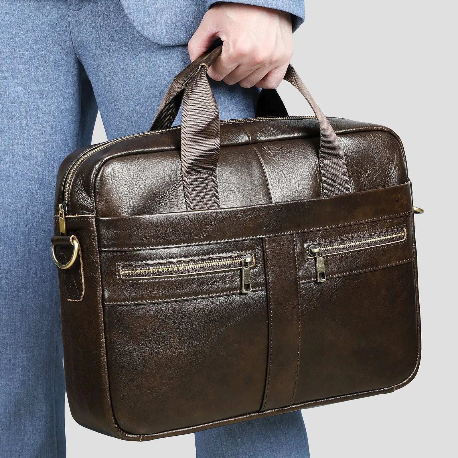 Top-Grain Cowhide Leather Briefcase | Business Laptop Bag with Shoulder Strap