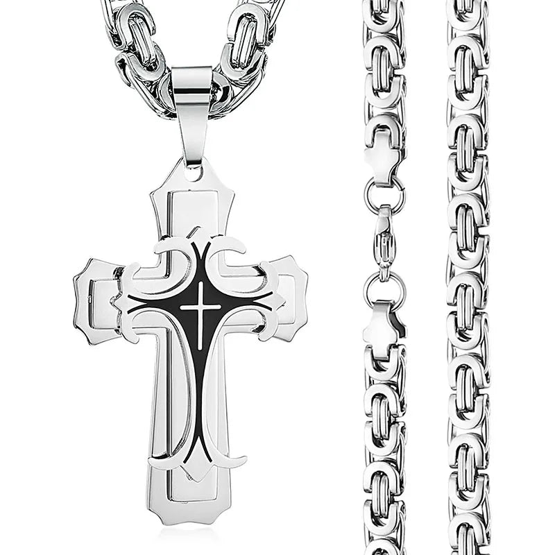 Male Vintage Christian Trinity Latin Cross Necklace Multi-layers Stainless Steel Cross Pendants Necklaces Catholic  Jewelry