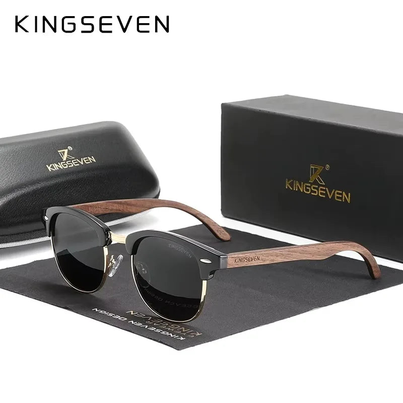 KINGSEVEN Vintage Round Wood Sunglasses – Polarised UV400