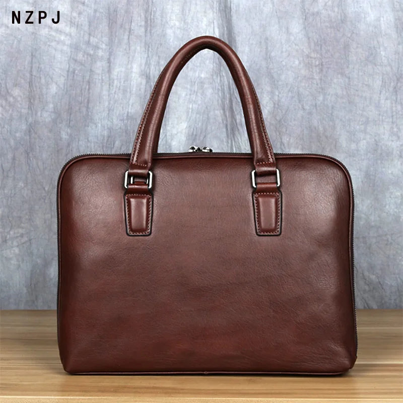 Men's Genuine Leather Briefcase – Slim Vintage Cowhide, Double Zipper, 14" Laptop, 1kg