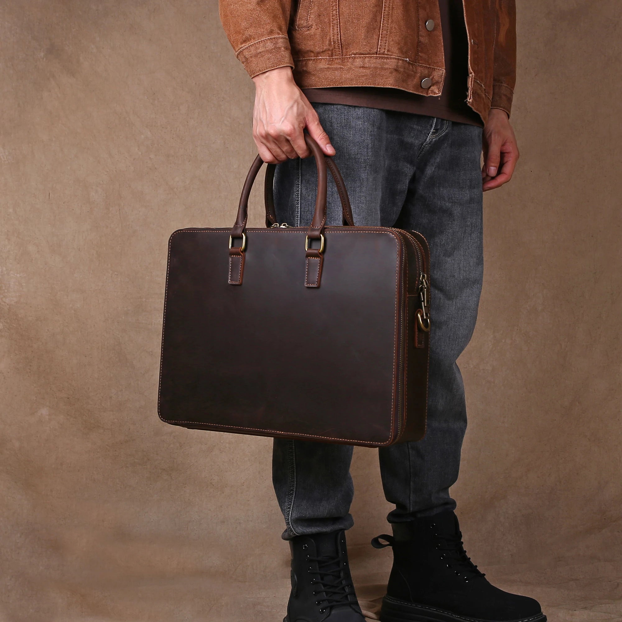 OKLRPS Crazy Horse Leather Briefcase | First-Layer Cowhide, Fits 16" Laptop