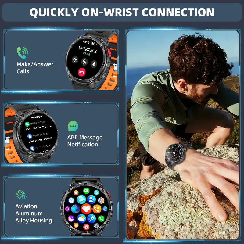LIGE Military Smart Watch – 1100mAh, LED Flashlight, Compass, Bluetooth Calling, IP68
