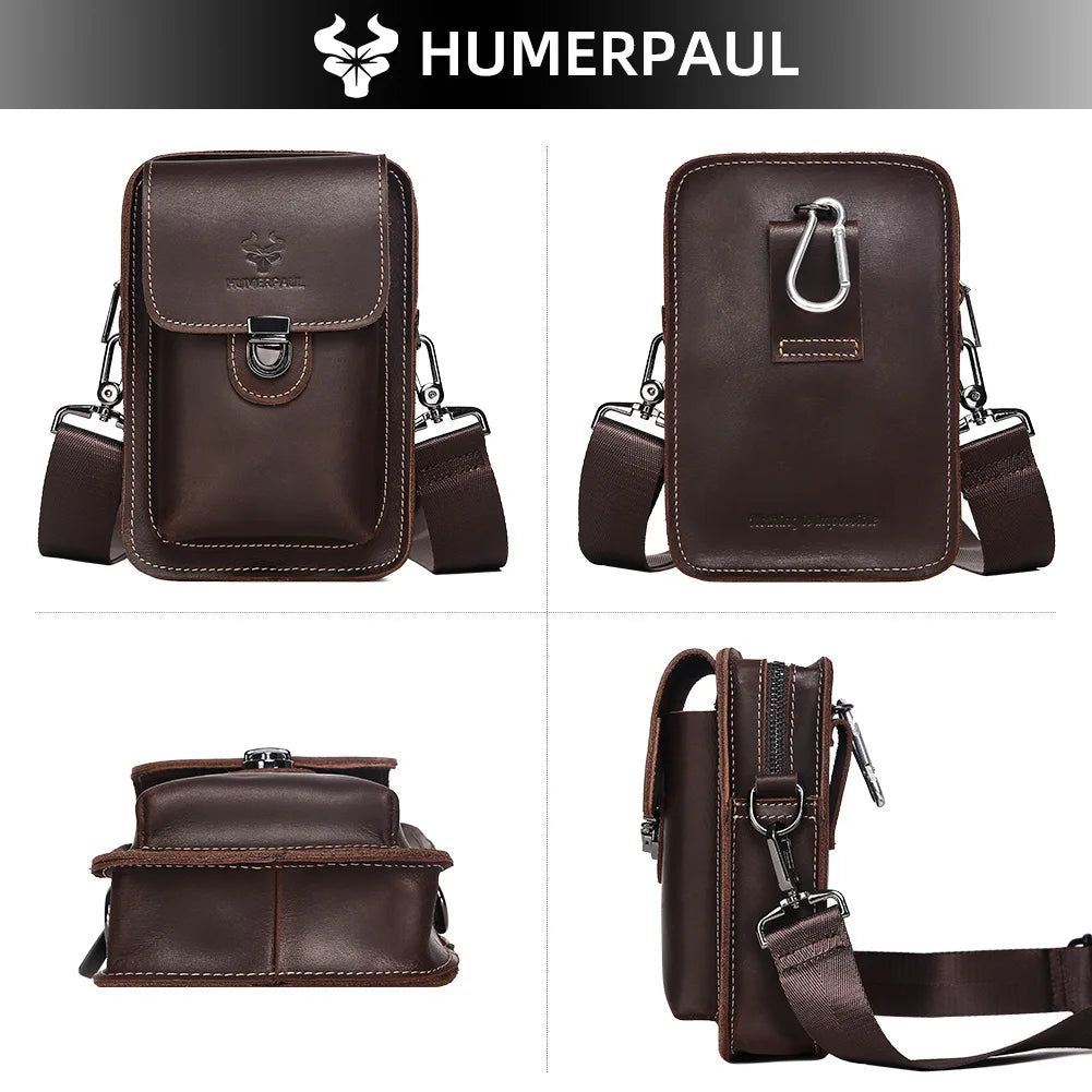 Crazy Horse Leather Waist Bag for Men — Multifunctional Phone Pouch & Shoulder Pack
