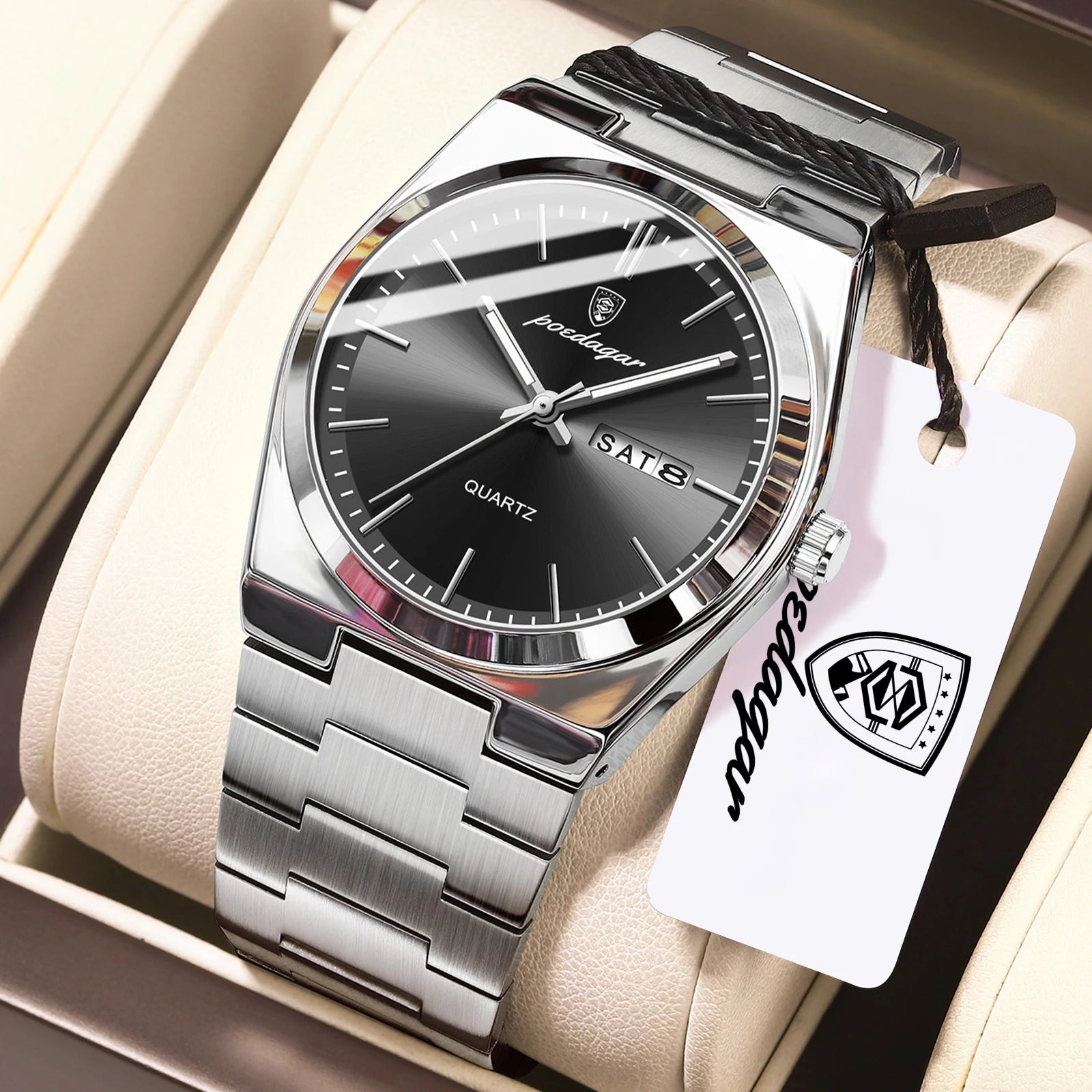POEDAGAR Business Men Wristwatch Waterproof Stainless Steel Luminous Man Watch Date Week Fashion Quartz Men's Watches Male Reloj