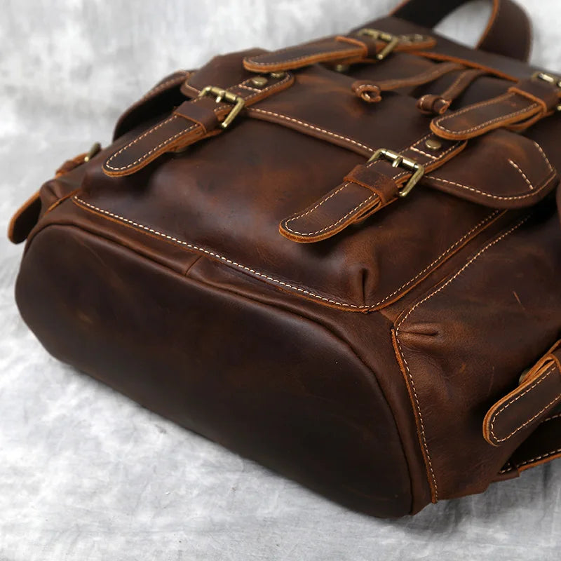 Men's Crazy Horse Leather Backpack – Flap Cover, Magnetic Buckle, Leather-Lined Straps
