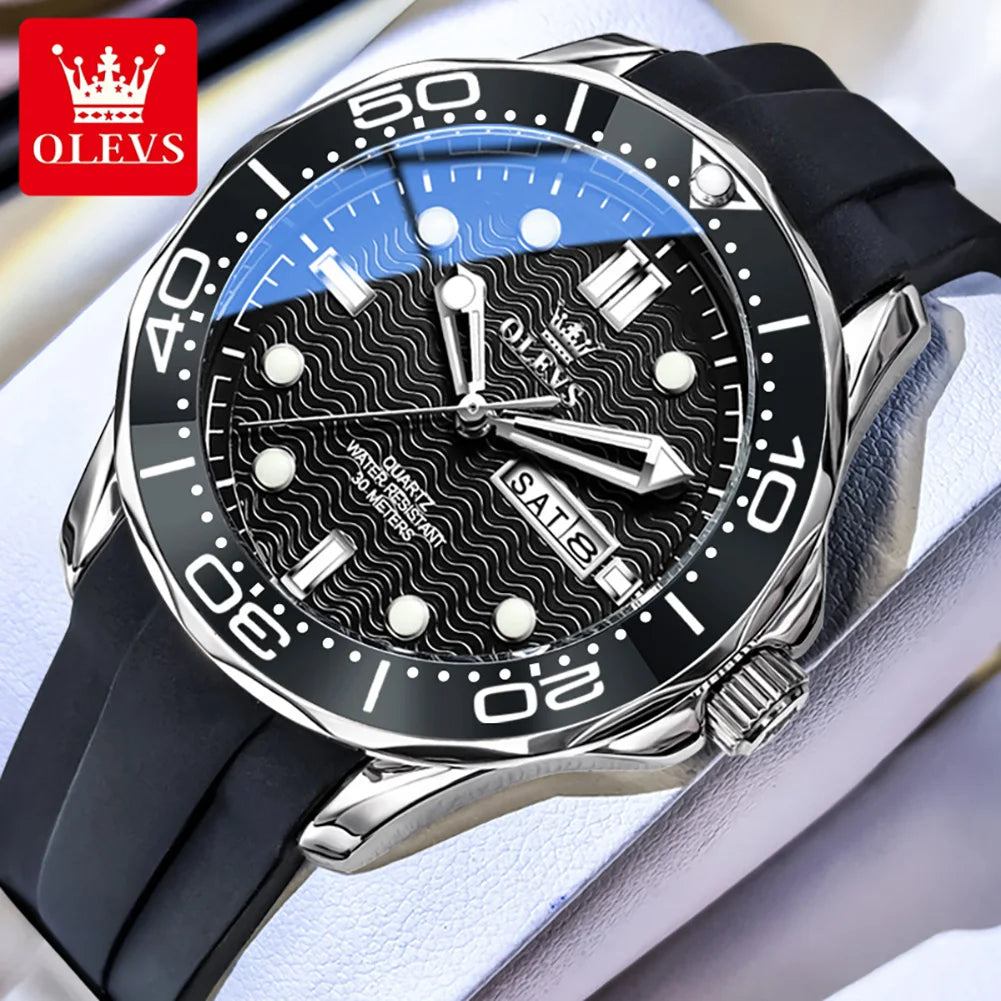 OLEVS Luxury Man Watch Fashion Rotation Bezel Diving Series Original Quartz Wrist Watch for Men Dual Calendar Waterproof Watches