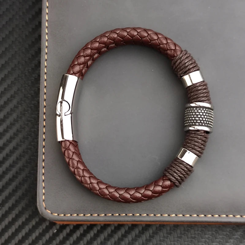 Charm Vintage Multilayer Brown Leather Stainless Steel Men Bracelet Bead Bracelet Jewelry Male Wrist Bangle Christmas Gifts