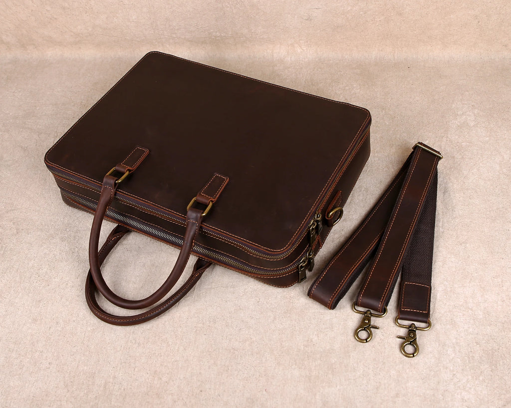 OKLRPS Crazy Horse Leather Briefcase | First-Layer Cowhide, Fits 16" Laptop