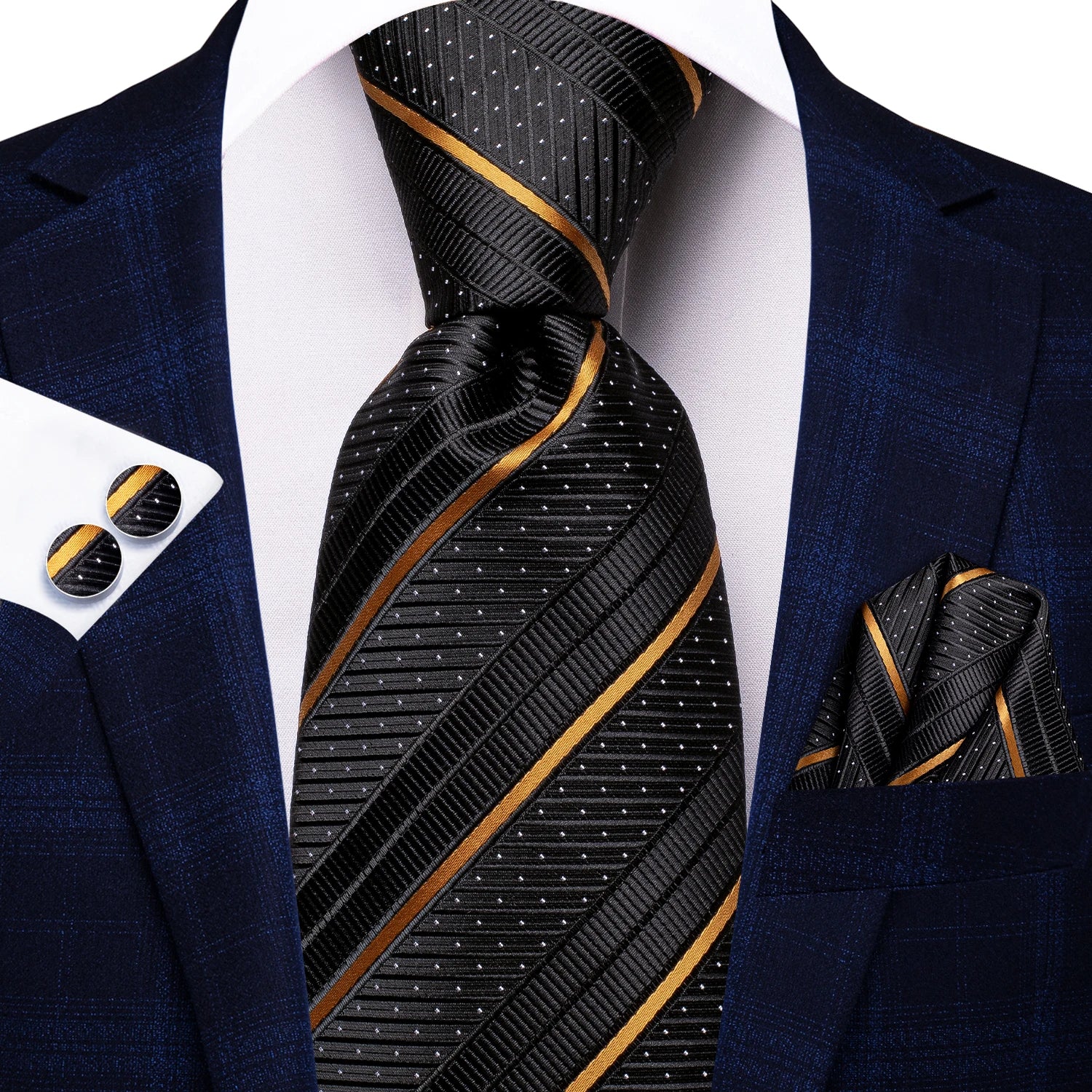 Hi-Tie Men's Striped Silk Necktie Set – Tie, Pocket Square & Cufflinks | Extra Long 170cm