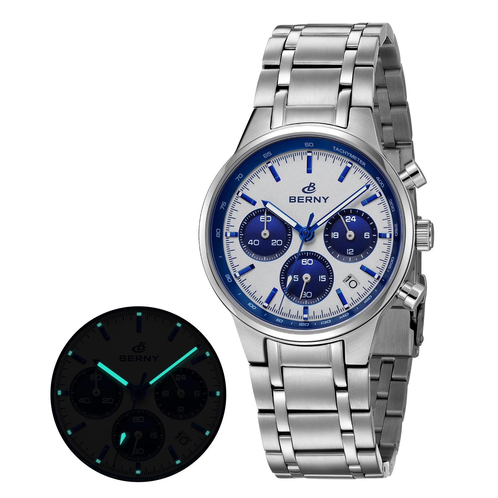BERNY 2825M Quartz Chronograph Watch – Panda Dial, Sapphire-Coated Crystal, 38mm Stainless Steel