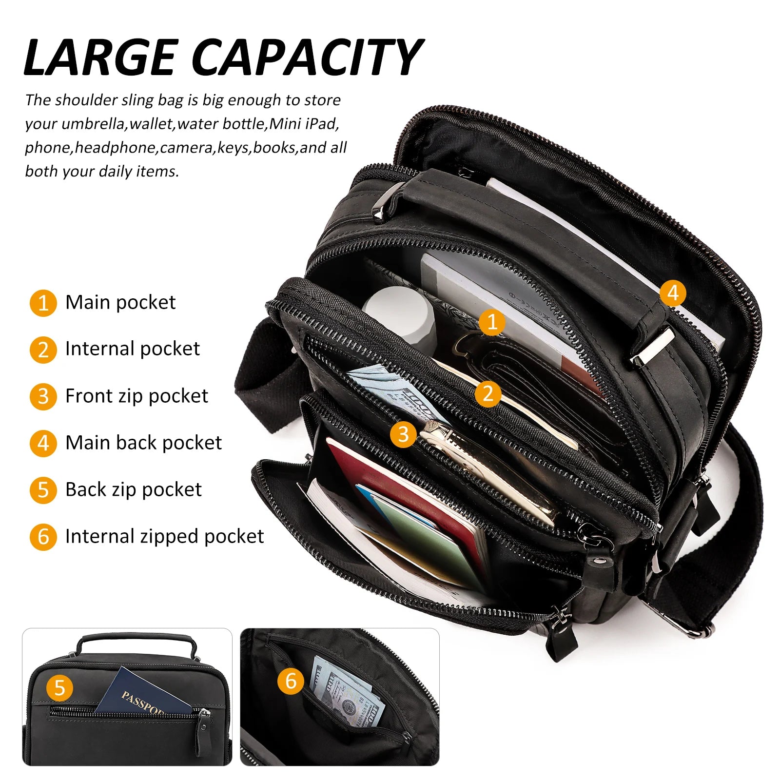 Full Grain Leather Shoulder Bag for Men — Crossbody Messenger with iPad Compartment
