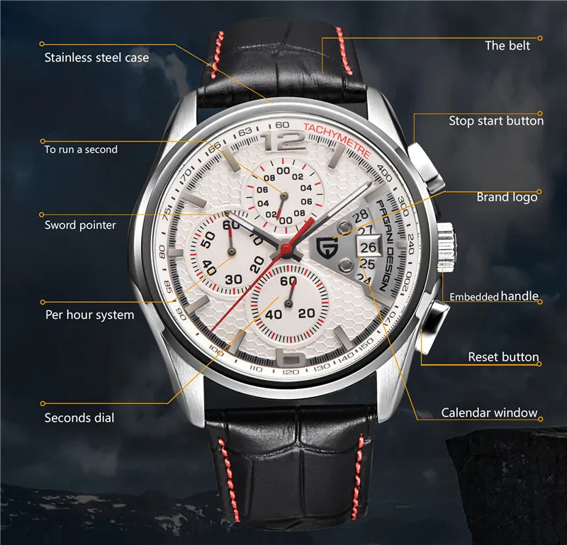 Pagani Design RPD-3306 Quartz Chronograph Watch – 44.5mm, Leather Strap, Date Display