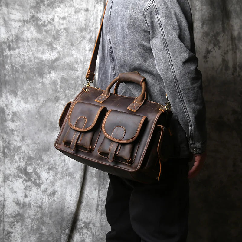 Men's Crazy Horse Leather Briefcase – Vintage Cowhide Satchel, 14" Laptop, Shoulder & Crossbody