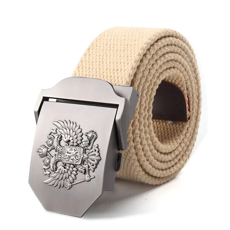 Men's Canvas Military Belt – Russian Emblem Silver Buckle