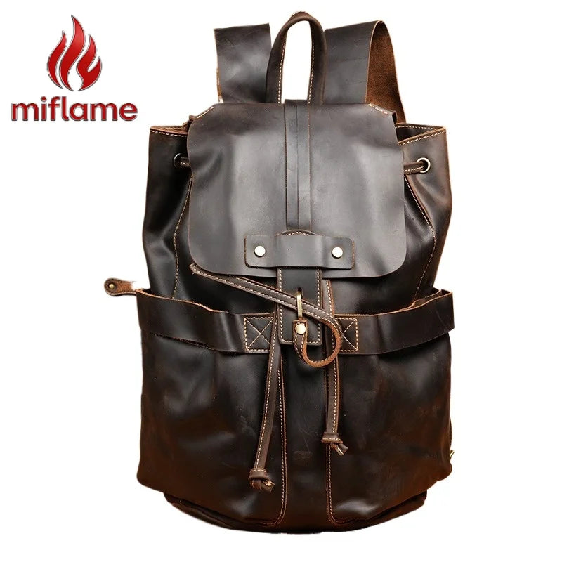 Miflame Vintage Crazy Horse Leather Backpack – Top Grain, Large Capacity, Laptop