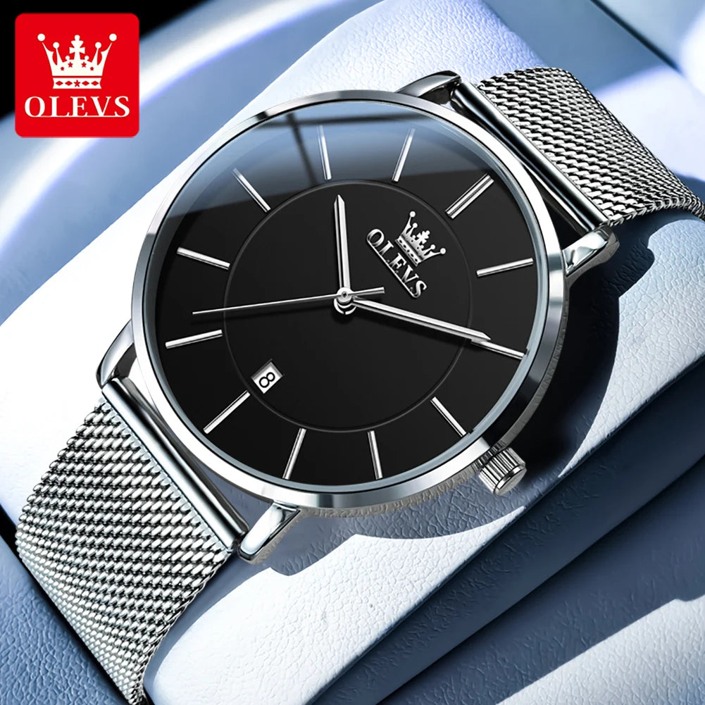 OLEVS Brand 5869 Ultra Thin 6.5mm Minimalist Fashion Quartz Watch for Men Mesh Steel Strap Auto Date Waterproof Men Wristwatches