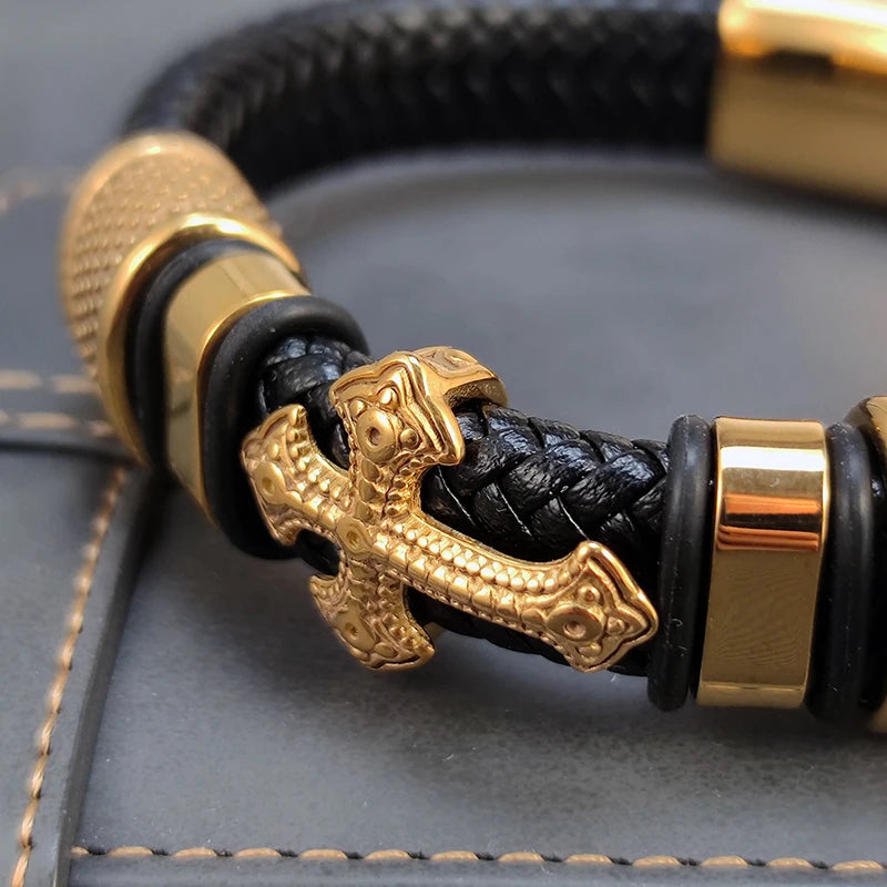 MingAo 2025 Fashion Vacuum Plating Gold Single Layer Cross Leather Bracelet  Charm Bracelet Men's Hand Jewelry for Women