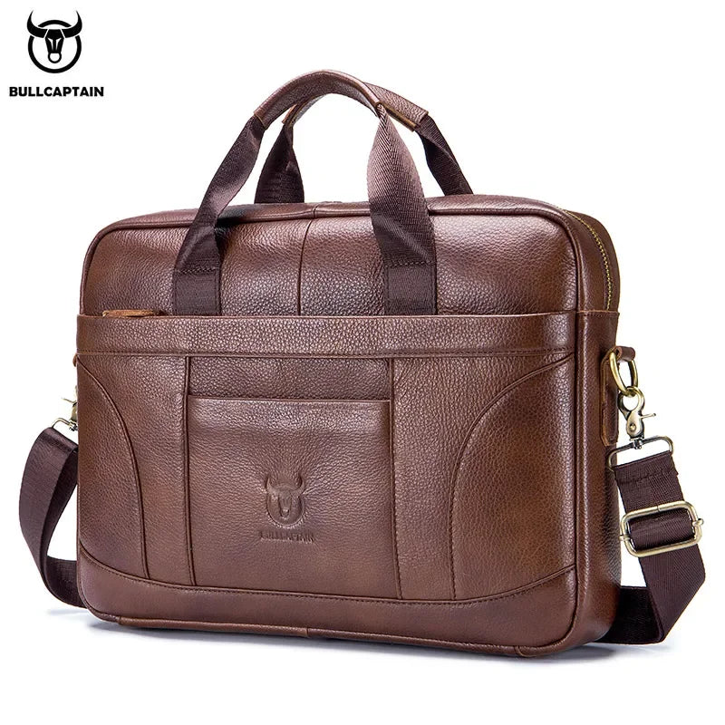 BULLCAPTAIN Genuine Leather Briefcase | 14" Laptop Bag with Detachable Shoulder Strap