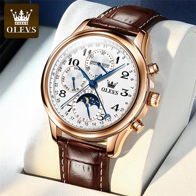 OLEVS Original Automatic Mechanical Watch for Men Leather Strap Moon Phase Waterproof  Week Calendar Business Men's Wristwatches