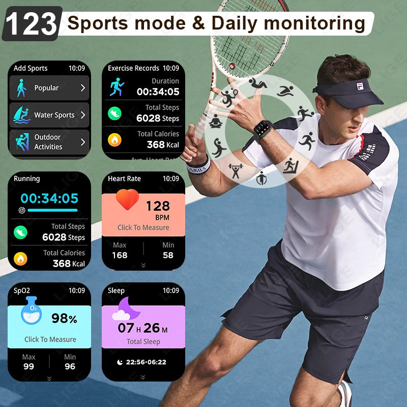 LIGE Smart Watch – 2.01" Display, IP68, Flashlight, 123 Sport Modes, Bluetooth Calling