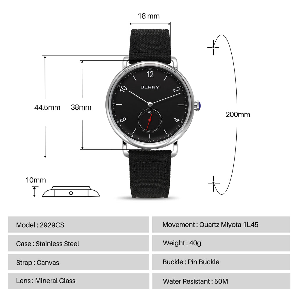 BERNY 2929CS Smart Casual Quartz Watch | Miyota 1L45 | 5ATM | Quick-Release Canvas Strap