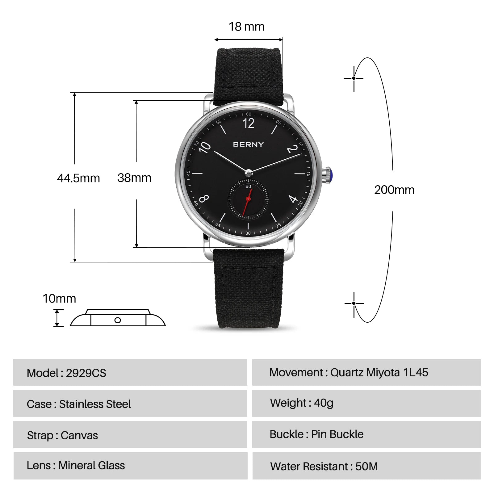 BERNY 2929CS Smart Casual Quartz Watch | Miyota 1L45 | 5ATM | Quick-Release Canvas Strap