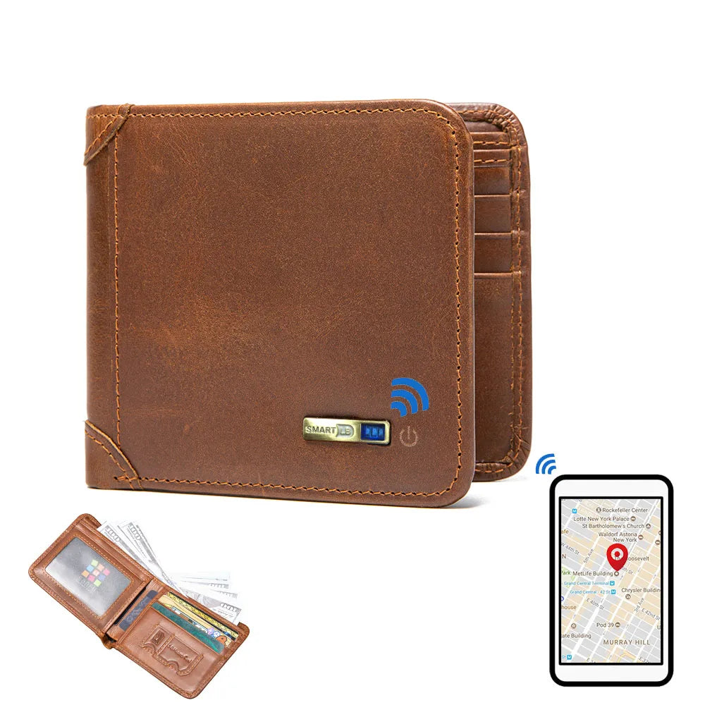 Smart Tracker Genuine Leather Bifold Wallet – Anti-Loss
