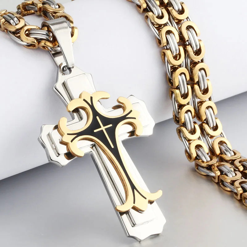 Men's Vintage Trinity Latin Cross Necklace – Multilayer Stainless Steel, Catholic Pendant