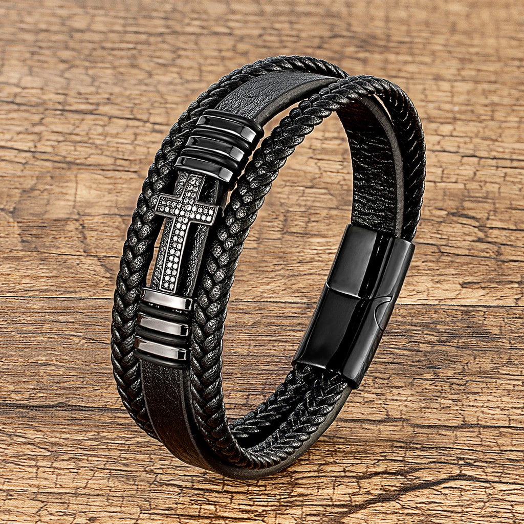 Classic Jesus Cross Charm Cubic Zirconia Men Bracelet Black Woven Leather Rope Chain Bracelets For Women Stainless Steel Jewelry
