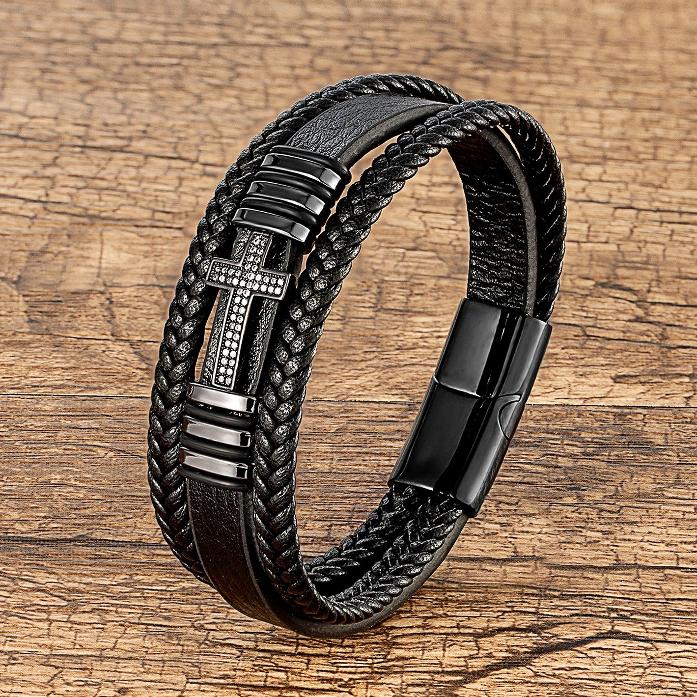 Classic Jesus Cross Charm Cubic Zirconia Men Bracelet Black Woven Leather Rope Chain Bracelets For Women Stainless Steel Jewelry