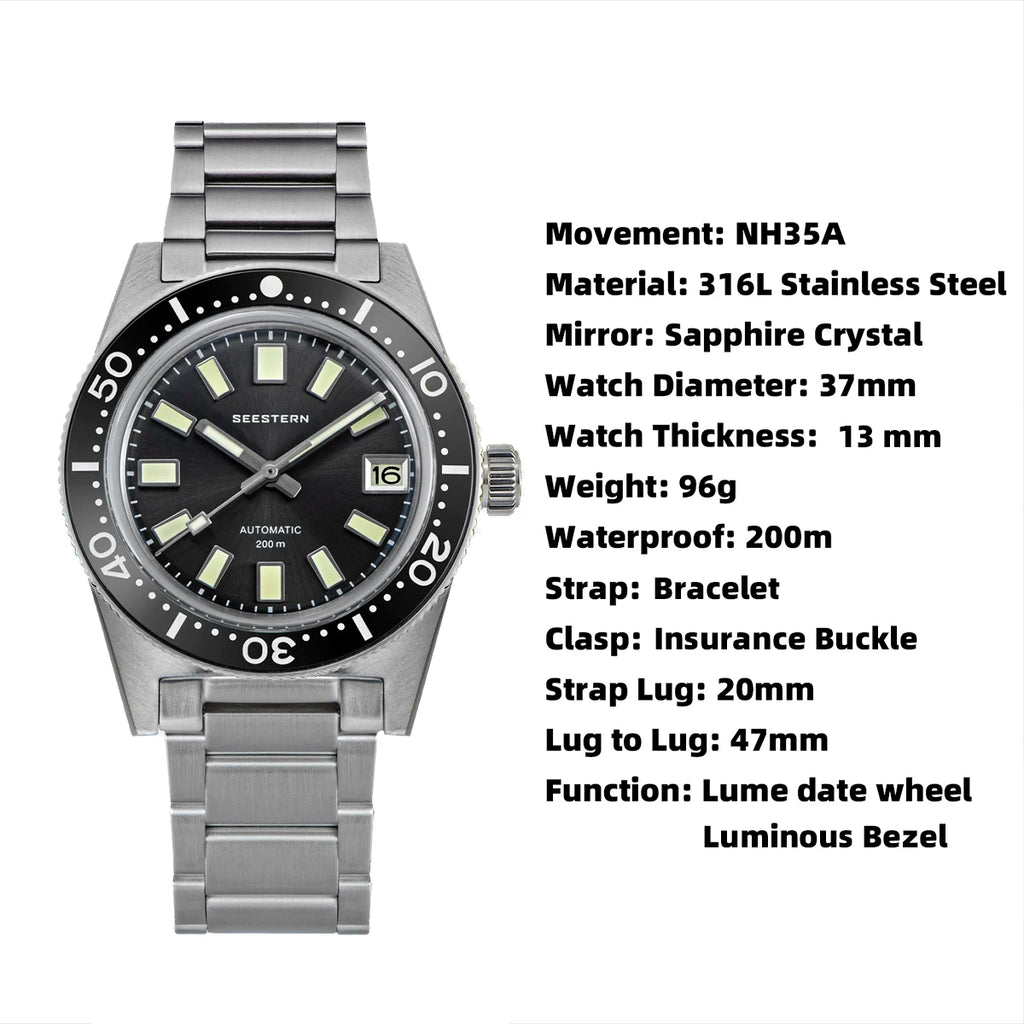 Seestern 62MAS V3 Automatic Dive Watch – NH35A, Domed Sapphire, 37mm, 200m Water Resistant