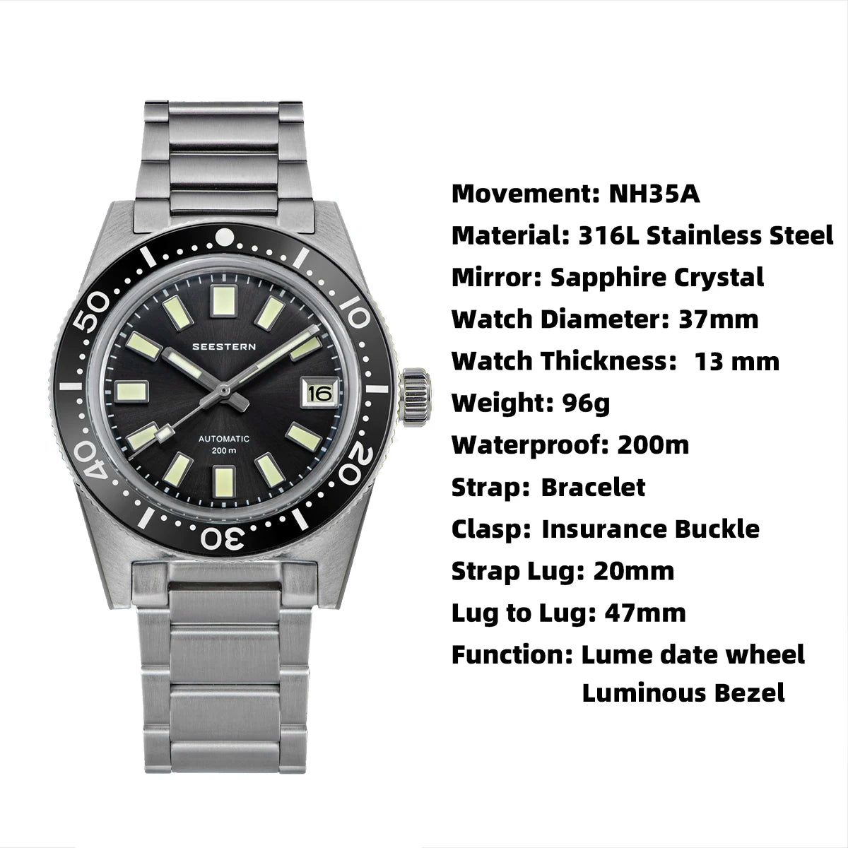 Seestern 62MAS V3 Automatic Dive Watch – NH35A, Domed Sapphire, 37mm, 200m Water Resistant